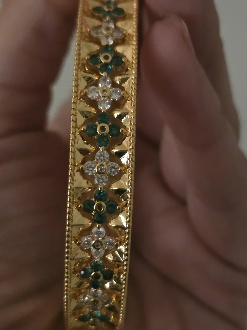 22kgp Dubai Jewelry Gold Tone Floral Green Enamel Ring and Bangle Set - Picture 15 of 15